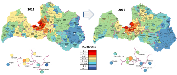 Novadu un republikas pilsētu TAL indekss, 2011. gadā un 2016.&nbsp;gadā