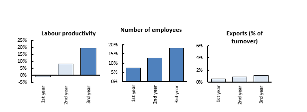 Chart. Mean values of differences in changes in firm performance indicators among firms participating in ERDF co-financed projects and non-beneficiaries, %