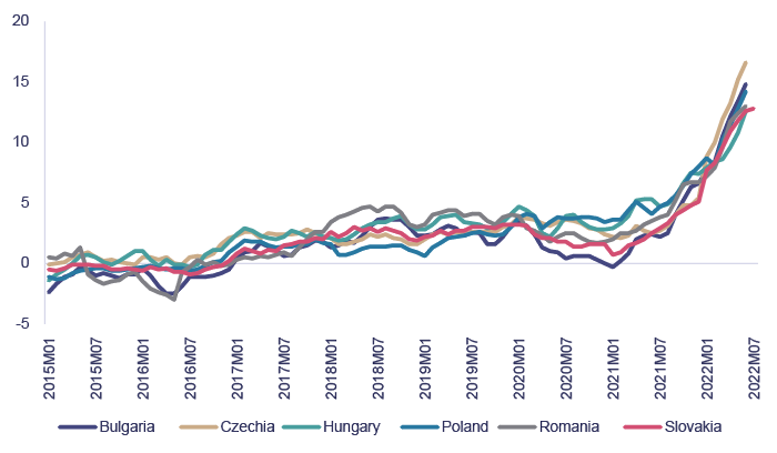 Inflation in Eastern European countries (year-on-year, %)