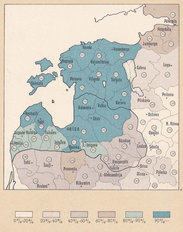 “Lasītpratēju procents Baltijas jūras austrumu piekrastē 1897. g (10 g.&nbsp; un vecāki)”