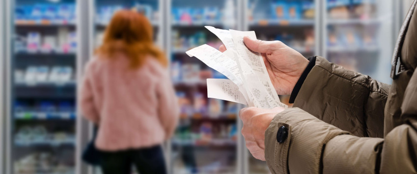 Minded man viewing receipts in supermarket and tracking prices