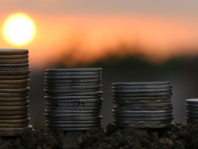 Coins in sunrise, illustrative picture