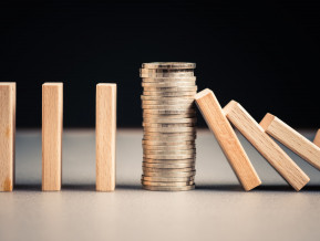 Pile of coins and falling dominos, illustration